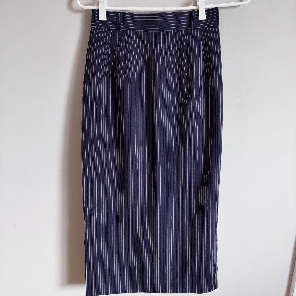 Wool Belt Loops Narrow Skirt Navy Blue Striped, Made In Japan Size XS